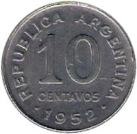 Argentina coin 10 Centavos - Larger head; Plain edge (1952 - 1953) reverse reverse of 10 Centavos - Larger head; Plain edge (1952 - 1953) coin with KM# 47a from Argentina. Inscription: REPUBLICA ARGENTINA 10 CENTAVOS .1952.