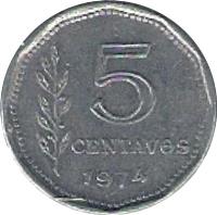 reverse of 5 Centavos (1970 - 1975) coin with KM# 65 from Argentina. Inscription: 5 CENTAVOS 1974