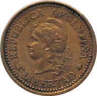 obverse of 20 Centavos (1970 - 1976) coin with KM# 67 from Argentina. Inscription: REPUBLICA ARGENTINA * LIBERTAD *