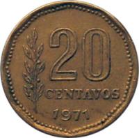 Argentina coin 20 Centavos (1970 - 1976) reverse reverse of 20 Centavos (1970 - 1976) coin with KM# 67 from Argentina. Inscription: 20 CENTAVOS 1975