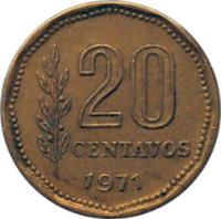 reverse of 20 Centavos (1970 - 1976) coin with KM# 67 from Argentina. Inscription: 20 CENTAVOS 1975