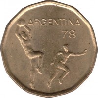 Argentina coin 20 Pesos - World Football Championship (1977 - 1978) obverse obverse of 20 Pesos - World Football Championship (1977 - 1978) coin with KM# 75 from Argentina. Inscription: ARGENTINA 78