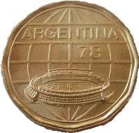Argentina coin 100 Pesos - Soccer (1977 - 1978) obverse obverse of 100 Pesos - Soccer (1977 - 1978) coin with KM# 77 from Argentina. Inscription: ARGENTINA 78
