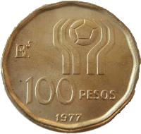 Argentina coin 100 Pesos - Soccer (1977 - 1978) reverse reverse of 100 Pesos - Soccer (1977 - 1978) coin with KM# 77 from Argentina. Inscription: 100 PESOS 1977
