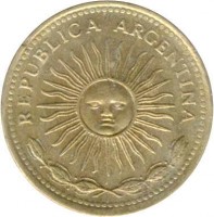 obverse of 5 Pesos (1976 - 1977) coin with KM# 71 from Argentina. Inscription: REPUBLICA ARGENTINA