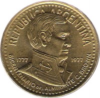 Argentina coin 10 Pesos - Admiral G. Brown (1977) obverse obverse of 10 Pesos - Admiral G. Brown (1977) coin with KM# 74 from Argentina. Inscription: REPUBLICA ARGENTINA 1777 1977 BICENTENARIO DEL ALMIRANTE G. BROWN