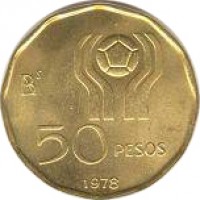 reverse of 50 Pesos - Soccer (1977 - 1978) coin with KM# 76 from Argentina. Inscription: 50 PESOS 1977