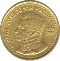 obverse of 50 Pesos - José de San Martín Bicentennial (1978) coin with KM# 81 from Argentina. Inscription: GENERAL JOSE DE SAN MARTIN 1778 1978