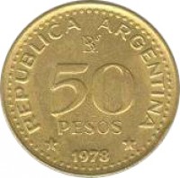 Argentina coin 50 Pesos - José de San Martín Bicentennial (1978) reverse reverse of 50 Pesos - José de San Martín Bicentennial (1978) coin with KM# 81 from Argentina. Inscription: REPUBLICA ARGENTINA 50 PESOS * 1978 *