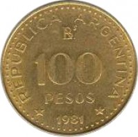 Argentina coin 100 Pesos - Non magnetic (1978 - 1980) reverse reverse of 100 Pesos - Non magnetic (1978 - 1980) coin with KM# 85 from Argentina. Inscription: REPUBLICA ARGENTINA B 100 PESOS * 1978 *