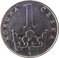 reverse of 1 Koruna (1993 - 2017) coin with KM# 7 from Czech Republic. Inscription: KORUNA 1 ČESKÁ