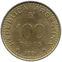 reverse of 100 Pesos - Magnetic (1980 - 1981) coin with KM# 85a from Argentina. Inscription: REPUBLICA ARGENTINA 100 PESOS * 1980 *