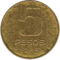 Argentina coin 5 Pesos (1984 - 1985) reverse reverse of 5 Pesos (1984 - 1985) coin with KM# 92 from Argentina. Inscription: 5 PESOS 1985