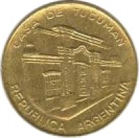 obverse of 10 Pesos (1984 - 1985) coin with KM# 93 from Argentina. Inscription: CASA DE TUCUMAN REPUBLICA ARGENTINA