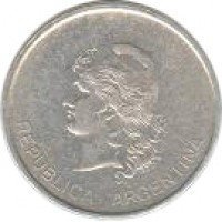 obverse of 50 Centavos (1983) coin with KM# 90 from Argentina. Inscription: REPUBLICA ARGENTINA