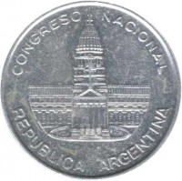 obverse of 1 Peso (1984) coin with KM# 91 from Argentina. Inscription: CONGRESO NACIONAL REPUBLICA ARGENTINA