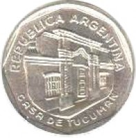 obverse of 5 Australes (1989) coin with KM# 101 from Argentina. Inscription: REPUBLICA ARGENTINA CASA DE TUCUMAN