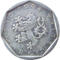 Czech Republic coin 20 Haléřů (1993 - 2004) obverse obverse of 20 Haléřů (1993 - 2004) coin with KM# 2 from Czech Republic. Inscription: · 1994 · ČESKÁ REPUBLIKA