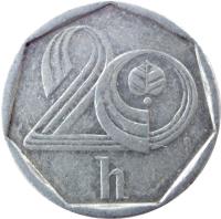 reverse of 20 Haléřů (1993 - 2004) coin with KM# 2 from Czech Republic. Inscription: 20 h