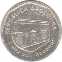 obverse of 10 Australes (1989) coin with KM# 102 from Argentina. Inscription: REPUBLICA ARGENTINA CASA DEL ACUERDO