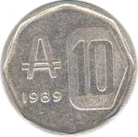 reverse of 10 Australes (1989) coin with KM# 102 from Argentina. Inscription: 1989 10