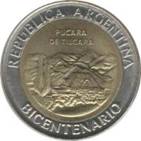 obverse of 1 Peso - Pucará de Tilcara (2010) coin with KM# 159 from Argentina. Inscription: REPUBLICA ARGENTINA BICENTENARIO PUCARA DE TILCARA