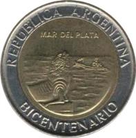 obverse of 1 Peso - Mar del Plata (2010) coin with KM# 158 from Argentina. Inscription: REPUBLICA ARGENTINA BICENTENARIO MAR DEL PLATA