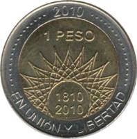 reverse of 1 Peso - Mar del Plata (2010) coin with KM# 158 from Argentina. Inscription: 2010 1 PESO 1810 2010 EN UNION Y LIBERTAD
