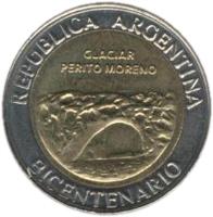 obverse of 1 Peso - Glaciar Perito Moreno (2010) coin with KM# 160 from Argentina. Inscription: REPÚBLICA ARGENTINA BICENTENARIO GLACIAR PERITO MORENO