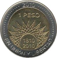 reverse of 1 Peso - Glaciar Perito Moreno (2010) coin with KM# 160 from Argentina. Inscription: 2010 1 PESO 1810 2010 EN UNIÓN Y LIBERTAD