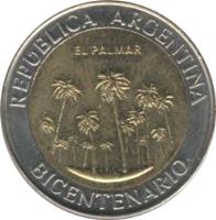 obverse of 1 Peso - El Palmar (2010) coin with KM# 156 from Argentina. Inscription: REPUBLICA ARGENTINA BICENTENARIO EL PALMAR