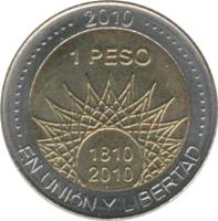 reverse of 1 Peso - El Palmar (2010) coin with KM# 156 from Argentina. Inscription: 2010 1 PESO 1810 2010 EN UNION Y LIBERTAD