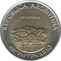 obverse of 1 Peso - Aconcagua (2010) coin with KM# 157 from Argentina. Inscription: REPUBLICA ARGENTINA BICENTENARIO ACONCAGUA