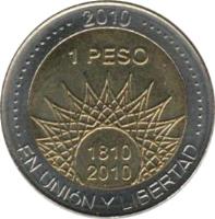 reverse of 1 Peso - Aconcagua (2010) coin with KM# 157 from Argentina. Inscription: 2010 1 PESO 1810 2010 EN UNION Y LIBERTAD