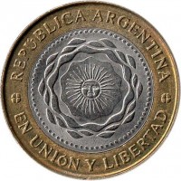 obverse of 2 Pesos - May Revolution (2010 - 2014) coin with KM# 165 from Argentina. Inscription: REPÚBLICA ARGENTINA EN UNIÓN Y LIBERTAD