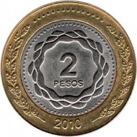 reverse of 2 Pesos - May Revolution (2010 - 2014) coin with KM# 165 from Argentina. Inscription: 2 PESOS 2010