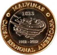 Argentina coin 2 Pesos - 30th Anniversary of the South Atlantic War (2012) obverse obverse of 2 Pesos - 30th Anniversary of the South Atlantic War (2012) coin with KM# 176 from Argentina. Inscription: *MALVINAS* 1833 1982-2012 CAUSA REGIONAL AMERICANA