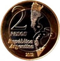 reverse of 2 Pesos - 30th Anniversary of the South Atlantic War (2012) coin with KM# 176 from Argentina. Inscription: 2 PESOS República Argentina 2012