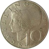 Austria coin 10 Schilling (1957 - 1973) reverse reverse of 10 Schilling (1957 - 1973) coin with KM# 2882 from Austria. Inscription: 10 SCHILLING 1958 WELZ
