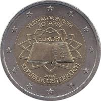 obverse of 2 Euro - 50th anniversary of the Treaty of Rome (2007) coin with KM# 3150 from Austria. Inscription: VERTRAG VON ROM 50 JAHRE EUROPA 2007 REPUBLIK ÖSTERREICH