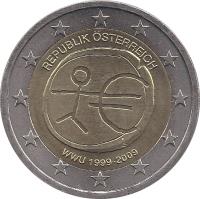 Austria coin 2 Euro - 10th anniversary of Economic and Monetary Union (2009) obverse obverse of 2 Euro - 10th anniversary of Economic and Monetary Union (2009) coin with KM# 3175 from Austria. Inscription: REPUBLIK ÖSTERREICH WWU 1999 - 2009