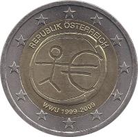 obverse of 2 Euro - 10th anniversary of Economic and Monetary Union (2009) coin with KM# 3175 from Austria. Inscription: REPUBLIK ÖSTERREICH WWU 1999 - 2009