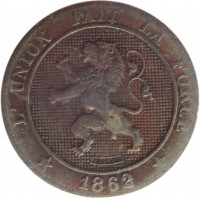 obverse of 5 Centimes - Leopold I (1861 - 1864) coin with KM# 21 from Belgium. Inscription: L'UNION FAIT LA FORCE BRAEMT * 1862 *