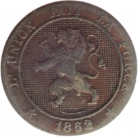 Belgium coin 5 Centimes - Leopold I (1861 - 1864) obverse obverse of 5 Centimes - Leopold I (1861 - 1864) coin with KM# 21 from Belgium. Inscription: L'UNION FAIT LA FORCE BRAEMT * 1862 *
