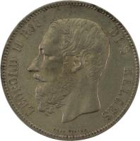 obverse of 5 Francs - Leopold II (1865 - 1878) coin with KM# 24 from Belgium. Inscription: LEOPOLD II ROI DES BELGES LEOP WIENER
