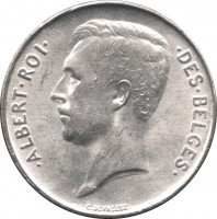 obverse of 1 Franc - Albert I - French text (1910 - 1918) coin with KM# 72 from Belgium. Inscription: · ALBERT · ROI · · DES · BELGES · G. Devreese