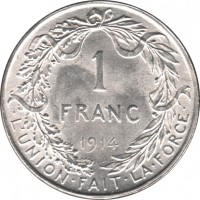 reverse of 1 Franc - Albert I - French text (1910 - 1918) coin with KM# 72 from Belgium. Inscription: 1 FRANC 1910 · L'UNION · FAIT · LA · FORCE ·