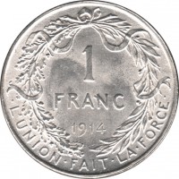 Belgium coin 1 Franc - Albert I - French text (1910 - 1918) reverse reverse of 1 Franc - Albert I - French text (1910 - 1918) coin with KM# 72 from Belgium. Inscription: 1 FRANC 1910 · L'UNION · FAIT · LA · FORCE ·