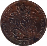 obverse of 1 Centime - Leopold II - French text (1869 - 1907) coin with KM# 33 from Belgium. Inscription: LEOPOLD II ROI DES BELGES 1901