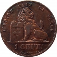 Belgium coin 1 Centime - Leopold II - French text (1869 - 1907) reverse reverse of 1 Centime - Leopold II - French text (1869 - 1907) coin with KM# 33 from Belgium. Inscription: L'UNION FAIT LA FORCE CONSTITUTION BELGE 1831 * 1 CENTE. BRAEMT F.
